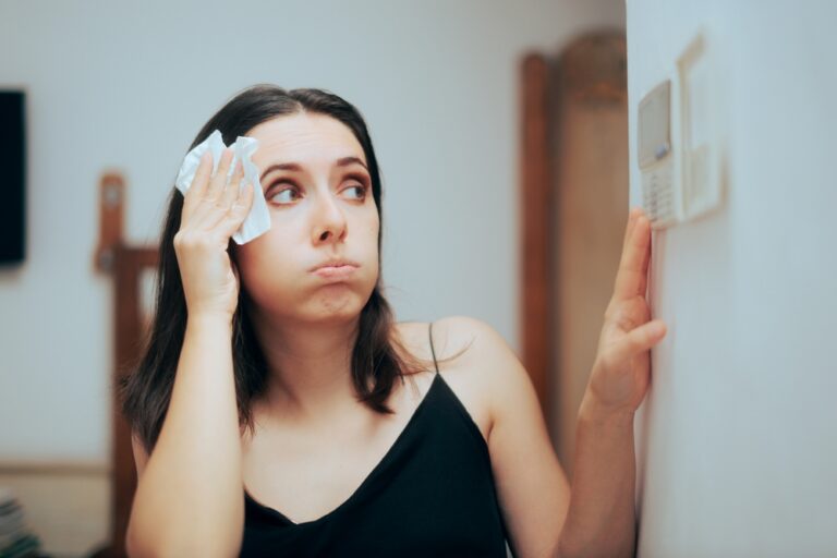 Woman,Felling,Hot,During,Summer,Setting,Her,Thermostat.,Person,Adjusting